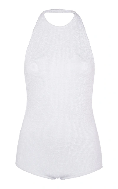 Shop Bottega Veneta Women's Crinkled Stretch-jersey Halterneck Bodysuit In Black,white