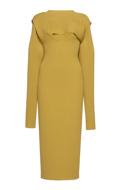 Shop Bottega Veneta Ribbed Knit Cutout Midi Dress In Yellow