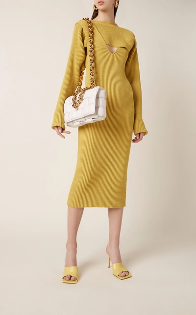Shop Bottega Veneta Ribbed Knit Cutout Midi Dress In Yellow
