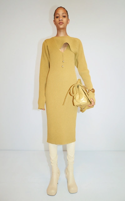 Shop Bottega Veneta Ribbed Knit Cutout Midi Dress In Yellow