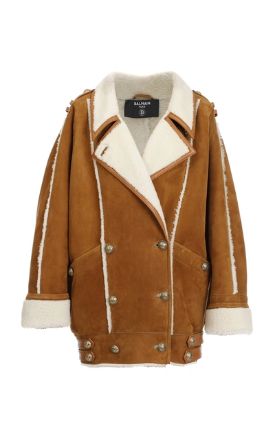 Shop Balmain Shearling-trimmed Suede Coat In Brown