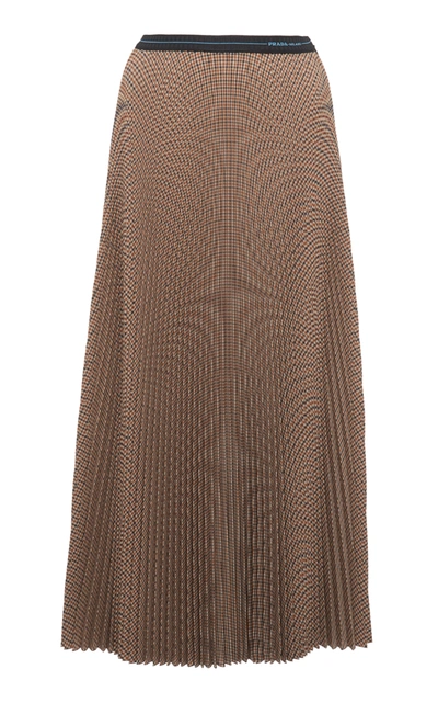 Shop Prada Women's Checked Plisse-crepe Midi Skirt In Brown