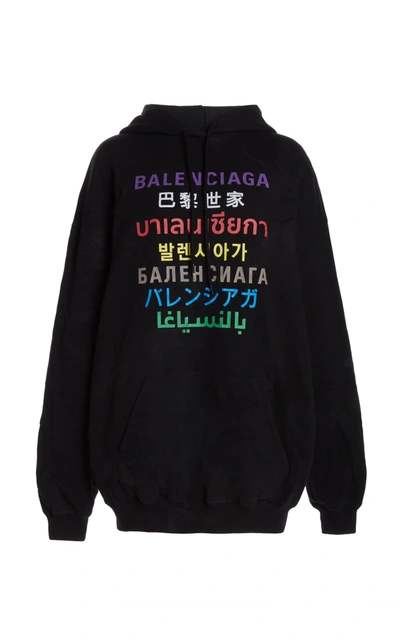 Shop Balenciaga Women's Multilingual Logo Printed Cotton-blend Hooded Sweatshirt In Black