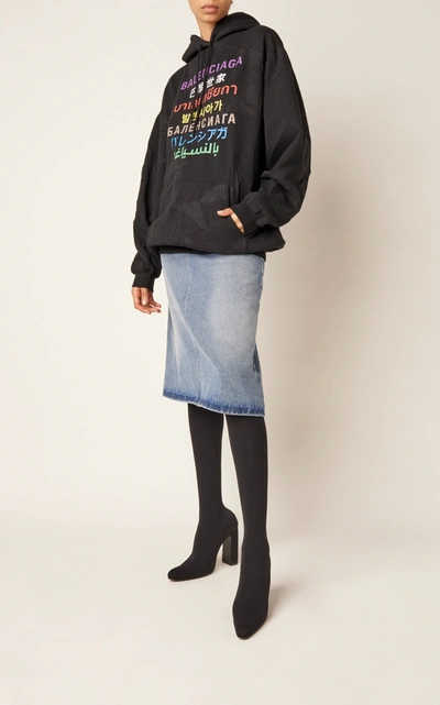 Shop Balenciaga Women's Multilingual Logo Printed Cotton-blend Hooded Sweatshirt In Black
