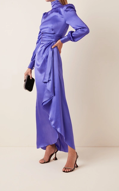 Shop Alessandra Rich Belted Silk Satin High-neck Gown In Blue