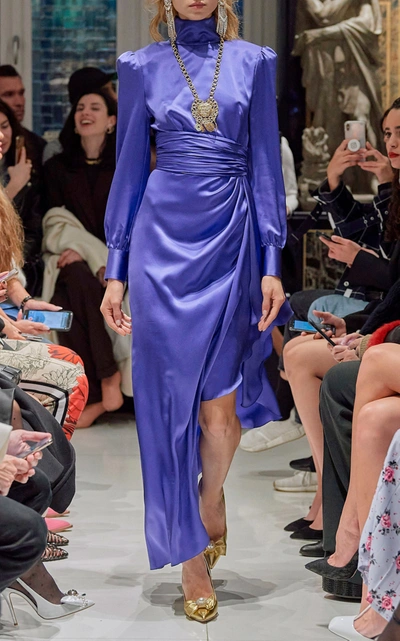 Shop Alessandra Rich Belted Silk Satin High-neck Gown In Blue