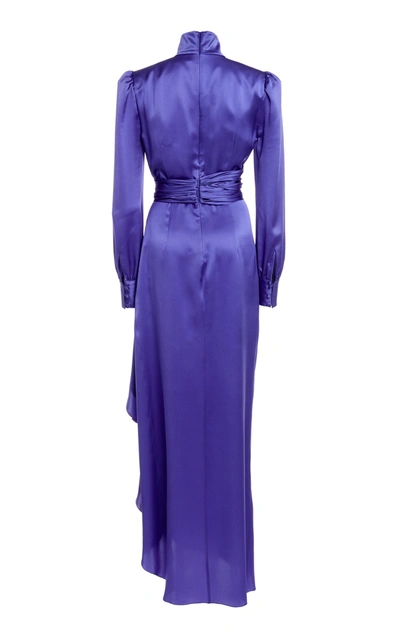 Shop Alessandra Rich Belted Silk Satin High-neck Gown In Blue