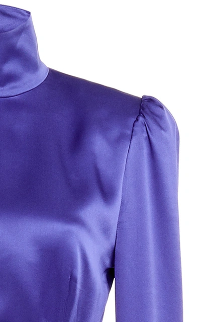 Shop Alessandra Rich Belted Silk Satin High-neck Gown In Blue
