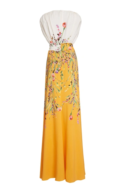 Shop Lela Rose Belted Floral Crepe Gown In Multi