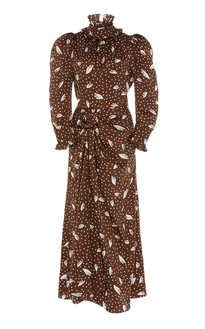 Shop Alessandra Rich Printed Silk-jacquard Midi Dress In Brown