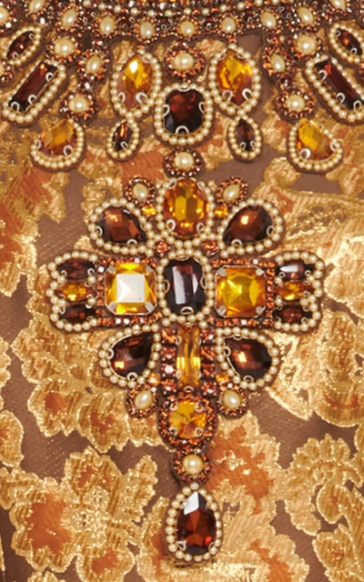 Shop Andrew Gn Crystal-embellished Floral Brocade Gown In Gold