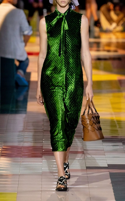 Shop Prada Women's Tie-detailed Velvet Midi Dress In Green