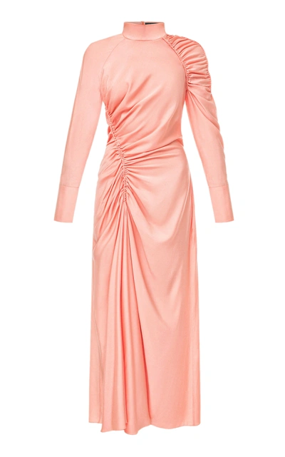 Shop Anna October Harriette Ruched Crepe De Chine Midi Dress In Pink