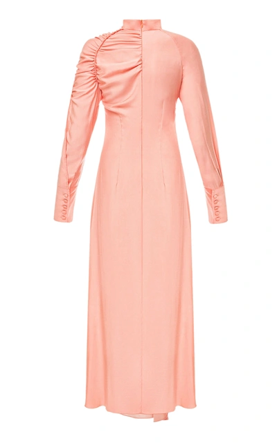 Shop Anna October Harriette Ruched Crepe De Chine Midi Dress In Pink