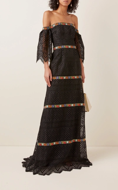 Shop Carolina Herrera Off-the-shoulder Embroidered Guipure Lace Gown In Black