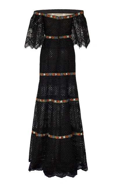 Shop Carolina Herrera Off-the-shoulder Embroidered Guipure Lace Gown In Black