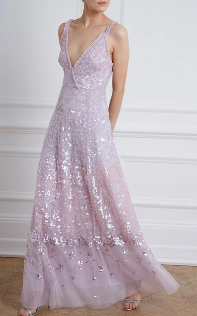 Shop Needle & Thread Ruffled Sequin-embellished Tulle Gown In Purple
