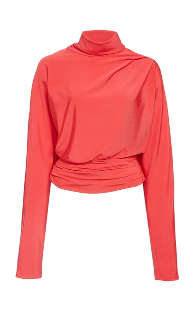 Shop Lapointe Slinky Jersey Turtleneck Rouched Waist Top In Red