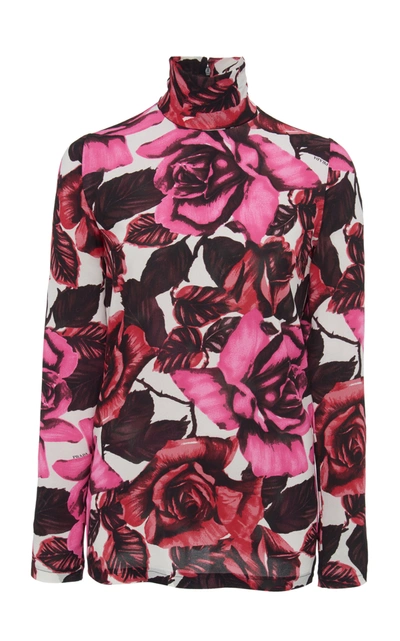 Shop Prada Women's Floral-print Georgette Turtleneck Top In Blue,pink