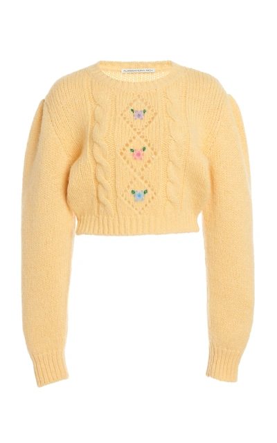 Shop Alessandra Rich Floral-embroidered Alpaca-blend Cropped Sweater In Yellow