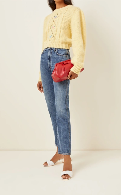 Shop Alessandra Rich Floral-embroidered Alpaca-blend Cropped Sweater In Yellow