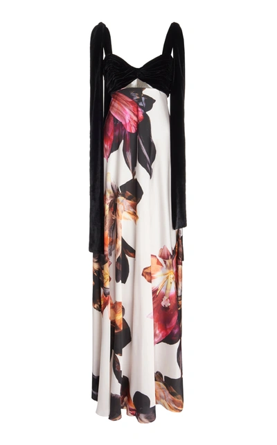 Shop Costarellos Dahlia Velvet-detailed Floral Satin Gown In Orange