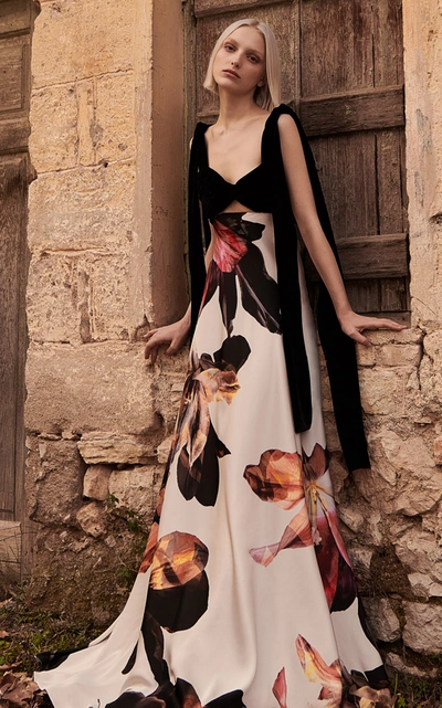 Shop Costarellos Dahlia Velvet-detailed Floral Satin Gown In Orange