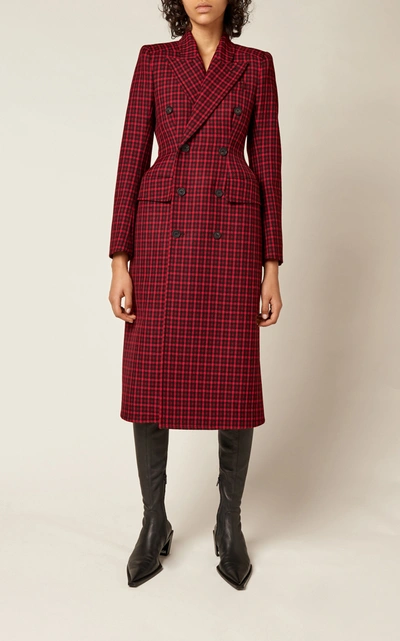 Shop Balenciaga Houndstooth Double-breasted Wool Coat In Plaid