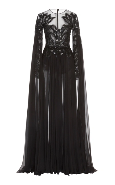 Shop Zuhair Murad Pamplona Cape-effect Embroidered Silk-chiffon Gown In Black