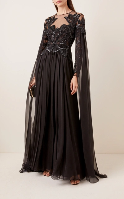 Shop Zuhair Murad Pamplona Cape-effect Embroidered Silk-chiffon Gown In Black