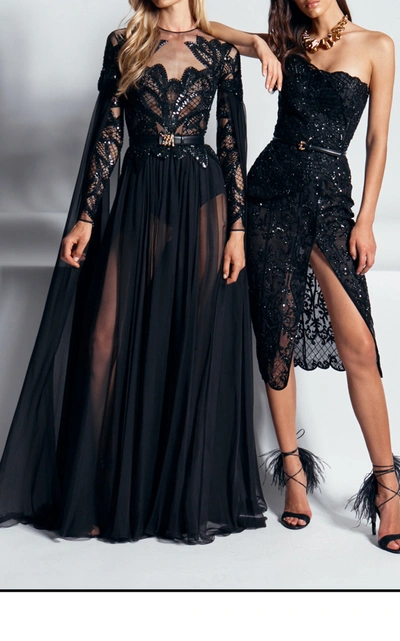Shop Zuhair Murad Pamplona Cape-effect Embroidered Silk-chiffon Gown In Black