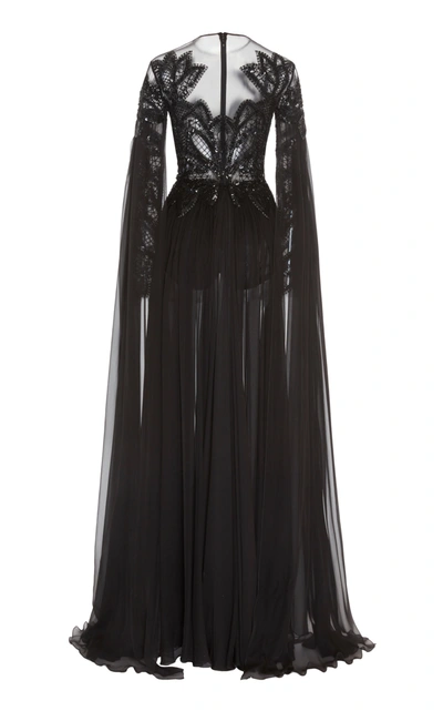 Shop Zuhair Murad Pamplona Cape-effect Embroidered Silk-chiffon Gown In Black