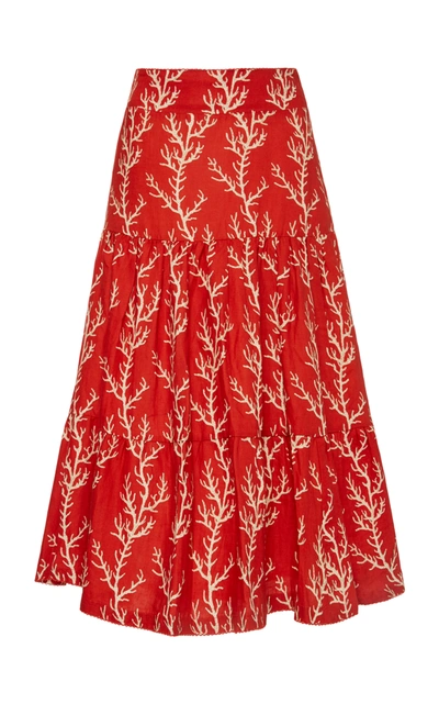 Shop Agua By Agua Bendita Arrecife Anis Printed Linen Midi Skirt In Red