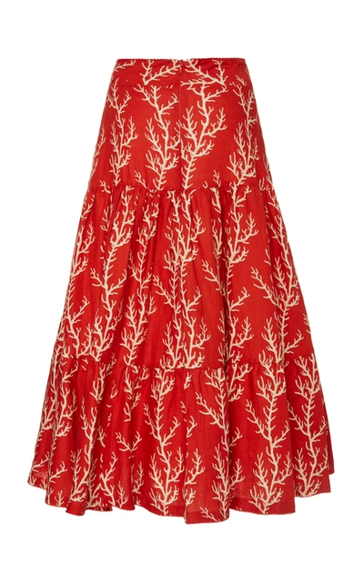 Shop Agua By Agua Bendita Arrecife Anis Printed Linen Midi Skirt In Red