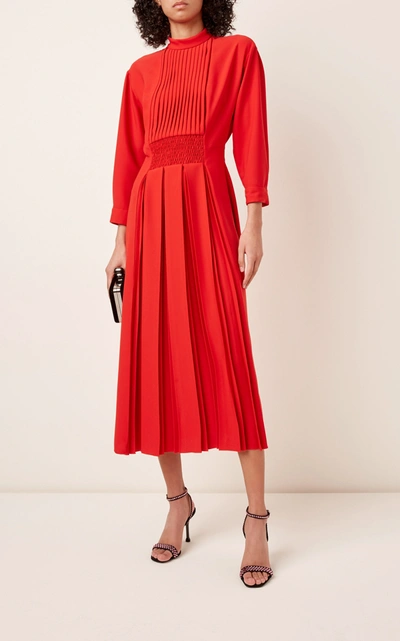 Shop Prada Pleated Crepe Midi Dress In Red