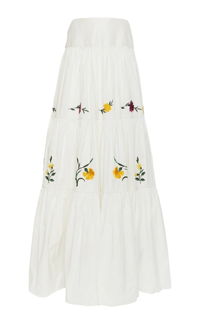Shop Erdem Adrina Tiered Floral-embroidered Cotton-silk Maxi Skirt In White