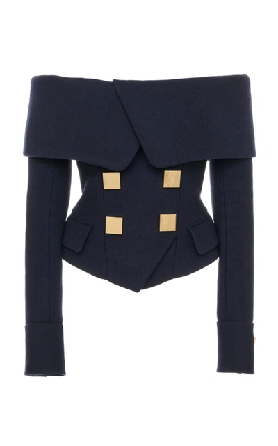 Shop Balmain Off-the-shoulder Wool-cashmere Jacket In Navy