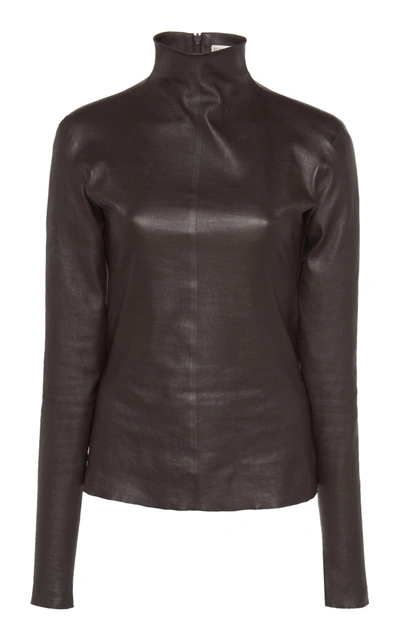 Shop Bottega Veneta Women's Mock Neck Leather Top In Brown