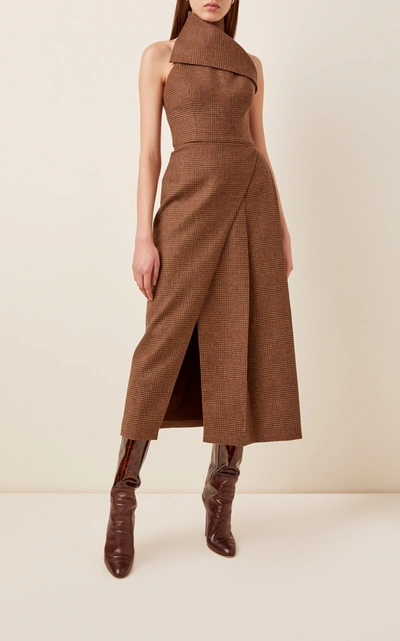 Shop Brandon Maxwell Women's Plaid Wool Midi Halter Dress