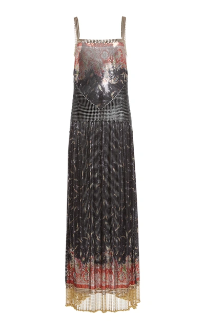 Shop Rabanne Fringe-trimmed Printed Chainmail Maxi Dress In Black
