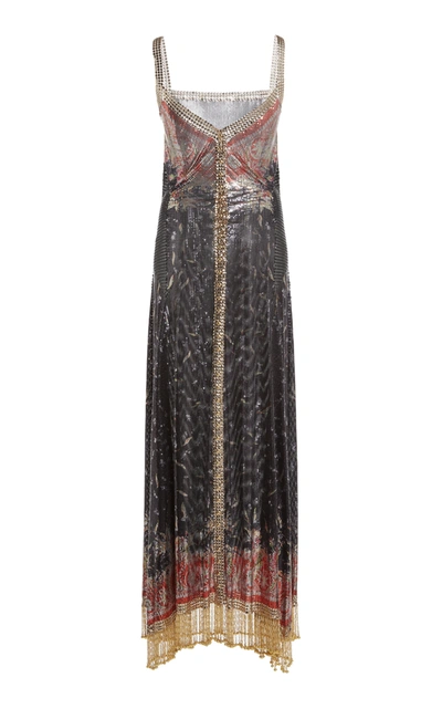 Shop Rabanne Fringe-trimmed Printed Chainmail Maxi Dress In Black