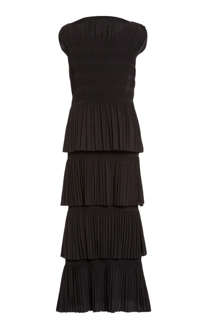 Shop Totême Aramon Tiered Pleated Crepe Maxi Dress In Black