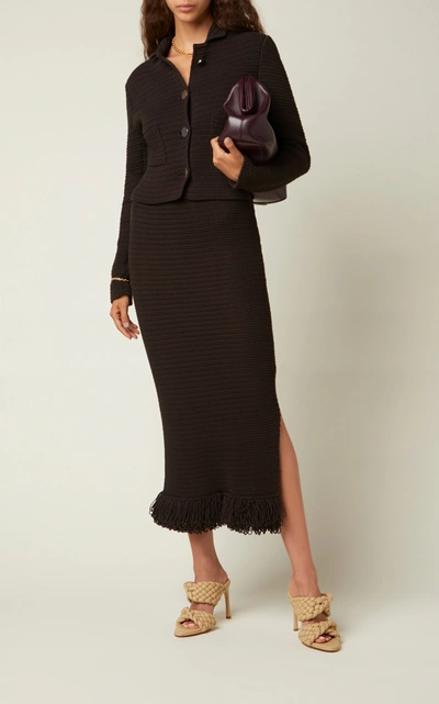 Shop Bottega Veneta Women's Fringed Cotton-blend Knit Midi Skirt In Brown