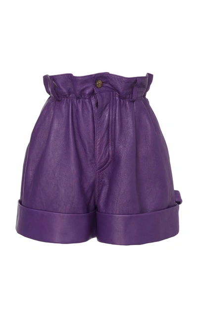 Shop Miu Miu Pleated Leather Shorts In Purple