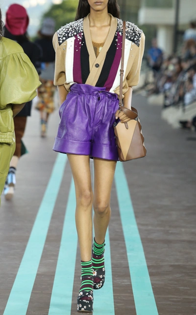 Shop Miu Miu Pleated Leather Shorts In Purple