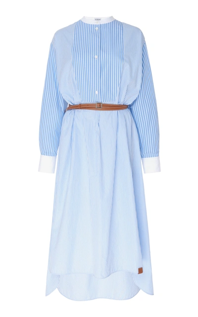 Shop Loewe Belted Striped Cotton-poplin Midi Dress In Blue