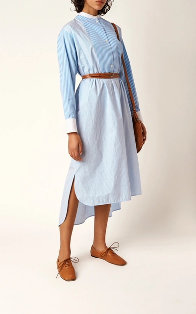 Shop Loewe Belted Striped Cotton-poplin Midi Dress In Blue