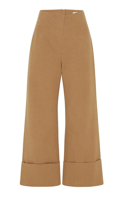 Shop St Agni Kazashi Cotton-linen Cropped Flared-leg Pants In Brown