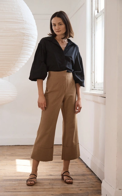 Shop St Agni Kazashi Cotton-linen Cropped Flared-leg Pants In Brown