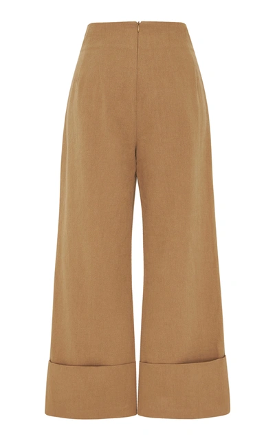 Shop St Agni Kazashi Cotton-linen Cropped Flared-leg Pants In Brown